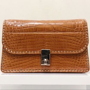 VALENTINO Garavani Exotic Alligator Skin Rockstud Gold Tan Brown Crossbody Bag